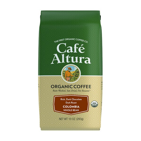 Cafe Altura, オーガニックコーヒー、コロンビア、ダークロースト、全豆コーヒー、283g(10オンス)