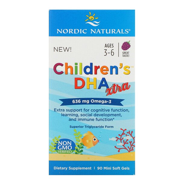 Nordic Naturals, Children's DHA(子ども用DHA)エクストラ、3~6歳、ベリー、636mg、ミニソフトジェル90粒