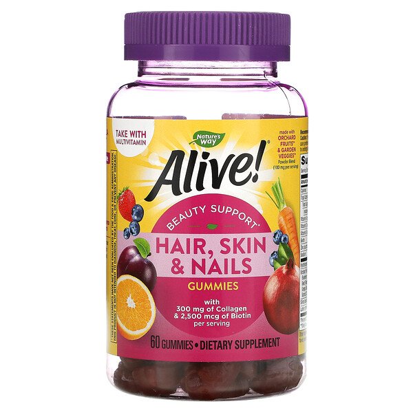 Nature's Way, Alive!(アライブ!)ヘア・スキン・ネイル、コラーゲン入り、イチゴ風味、グミ60粒
