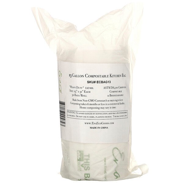 Earth's Natural Alternative, 13 Gallon Compostable Kitchen Trash Bags, 30 Bags