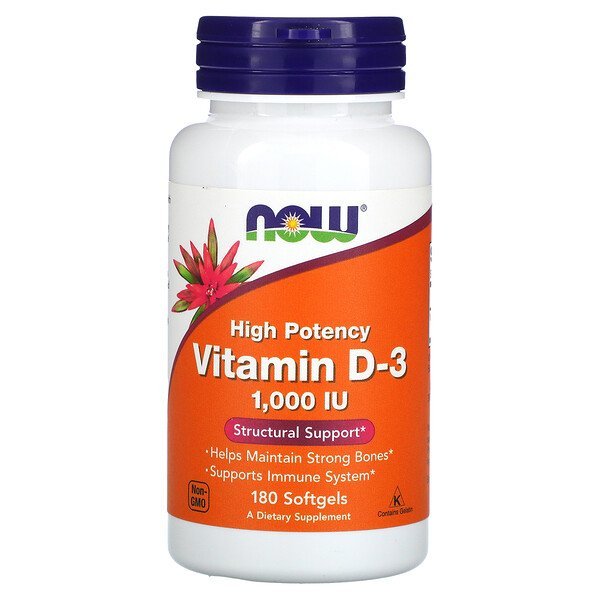 Now Foods, 強力ビタミンD3、25mcg(1,000IU)、ソフトジェル180粒