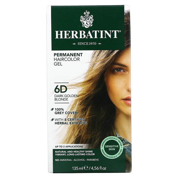 Herbatint, パーマネントヘアカラージェル、6D、ダークゴールデンブロンド、135 ml(4.56 fl oz)