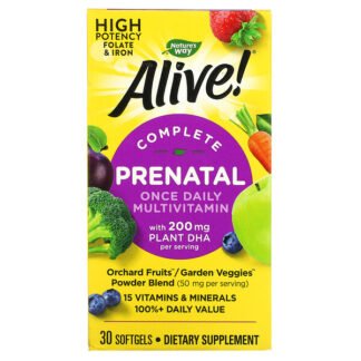 Nature's Way, Alive!（アライブ！）植物性DHA配合マタニティ向けマルチビタミン、イチゴ味、ソフトジェル30粒