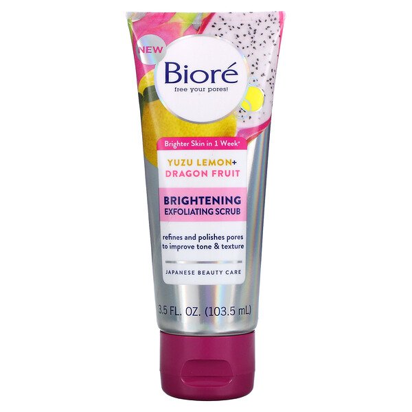 Biore, Brightening Exfoliating Scrub, Yuze Lemon + Dragon Fruit, 3.5 fl oz (103.5 ml)