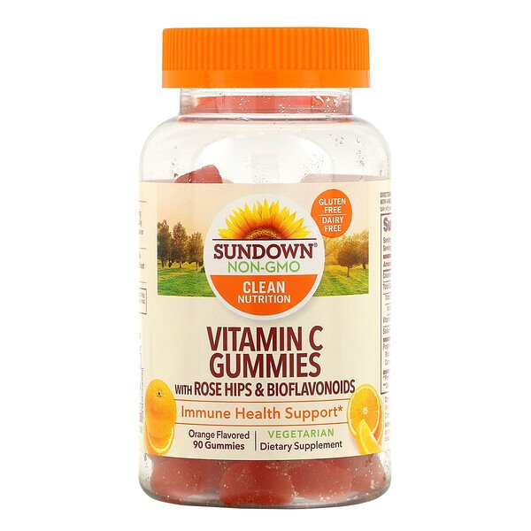 Sundown Naturals, ローズヒップとバイオフラボノイド配合ビタミンCグミ、オレンジ味、グミ90粒