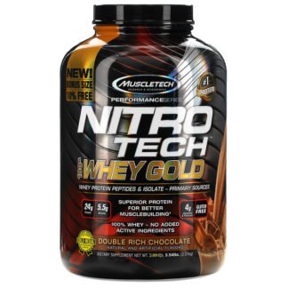 Muscletech, Nitro Tech（ニトロテック）、100％ホエイゴールド、ホエイプロテインパウダー、ダブルリッチチョコレート、2.51kg（5.54ポンド）