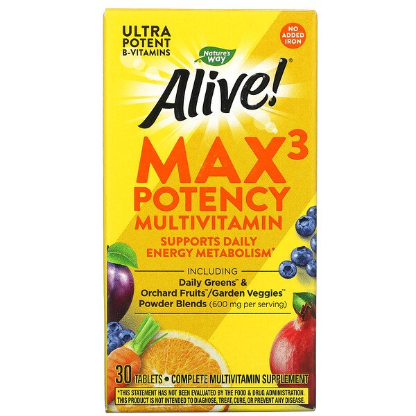 Nature's Way, Alive!(アライブ!)マックス3デイリー、マルチビタミン、鉄無添加、タブレット30粒