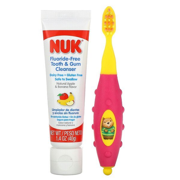 NUK, Grins & Giggles(グリンズ&ギグルズ)幼児用歯ブラシセット、柔らかめ、生後12か月以上用、歯磨き粉1個と歯ブラシ1本