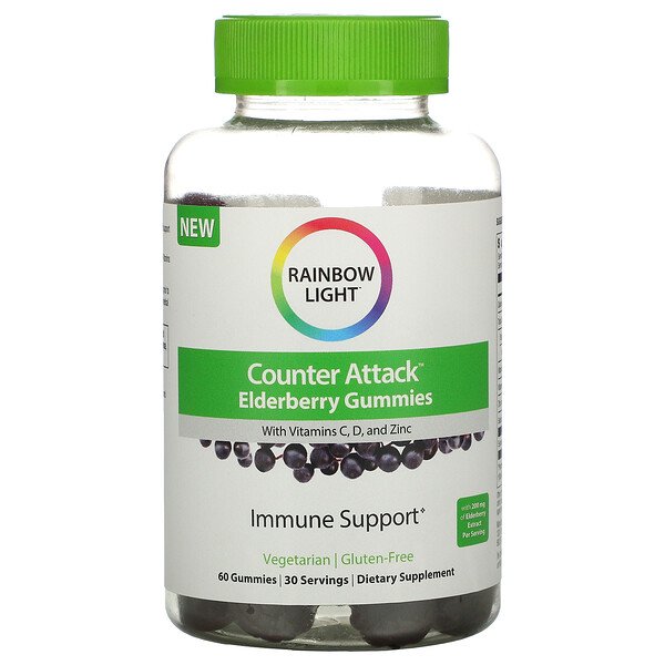 Rainbow Light, Counter Attack, Elderberry with Vitamin C, D, and Zinc, 60 Gummies