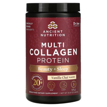 Dr. Axe / Ancient Nutrition, Multi Collagen Protein, Beauty + Sleep, Vanilla Chai Flavor, 8.47 oz (240 g)