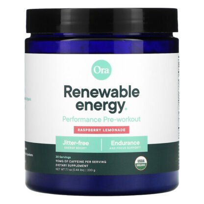 Ora, Renewable Energy, Organic & Vegan Pre-Workout Powder, Raspberry Lemonade Flavor, 7.1 oz (200 g)
