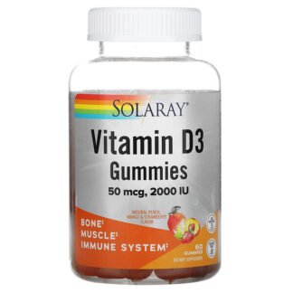 Solaray, Vitamin D3 Gummies, 25 mcg (1,000 IU), Natural Peach, Mango, & Strawberry Flavor, 60 Gummies