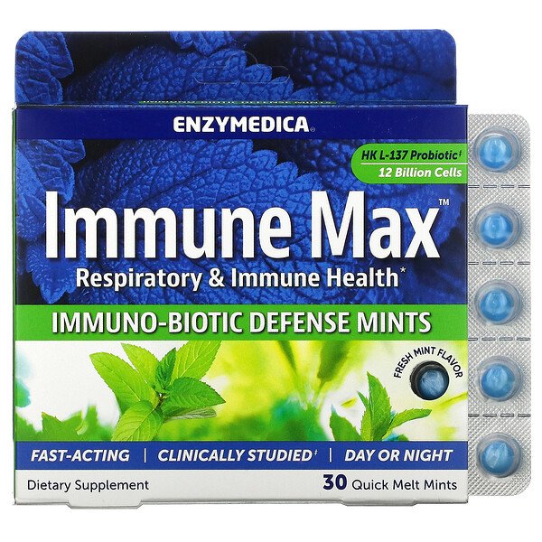 Enzymedica, Immune Max, Immuno-Biotic Defense Mints, Fresh Mint Flavor, 30 Quick Melt Mints