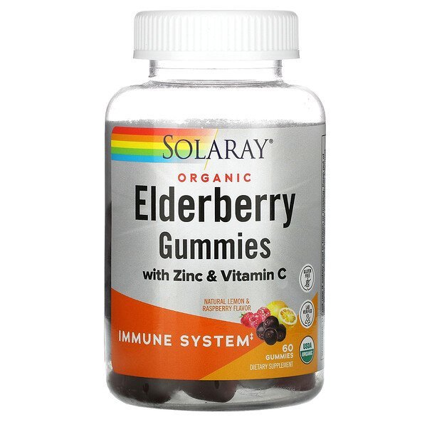 Solaray, Organic Elderberry Gummies With Zinc & Vitamin C, Lemon & Raspberry Flavor, 60 Gummies